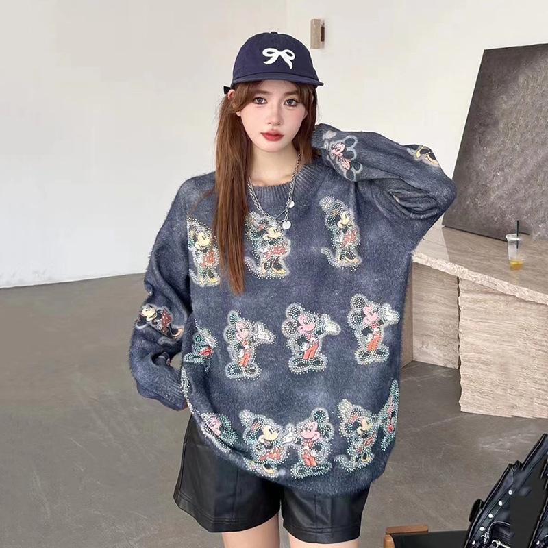 

Korean Style Loose Knit Mink Sweater with Cartoon Mickey Rhinestones One Size