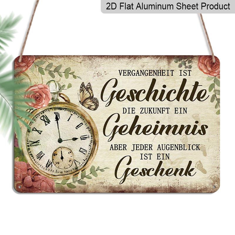 

2D Flat, 1pc Every Moment Is A Gift Aluminium Sign 8x12 Inch - German Inspirational Quote, Vintage Pocket Watch & Floral Design, Retro Metal Wall 20*30cm