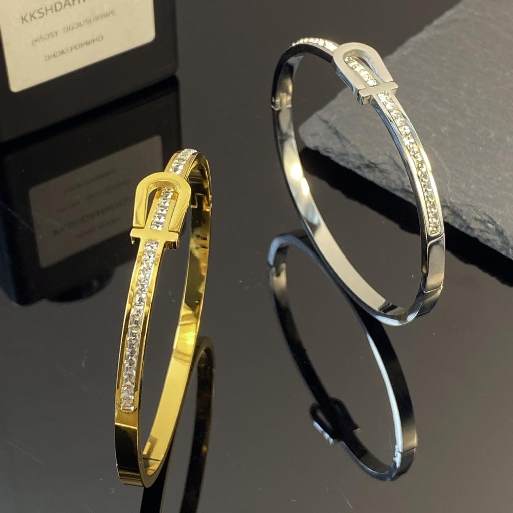 ZAKOL Classic Stainless Steel Open Bracelet for Women Men Horseshoe Buckle U-shaped Inlay Zircon Waterproof Zircon Gift
