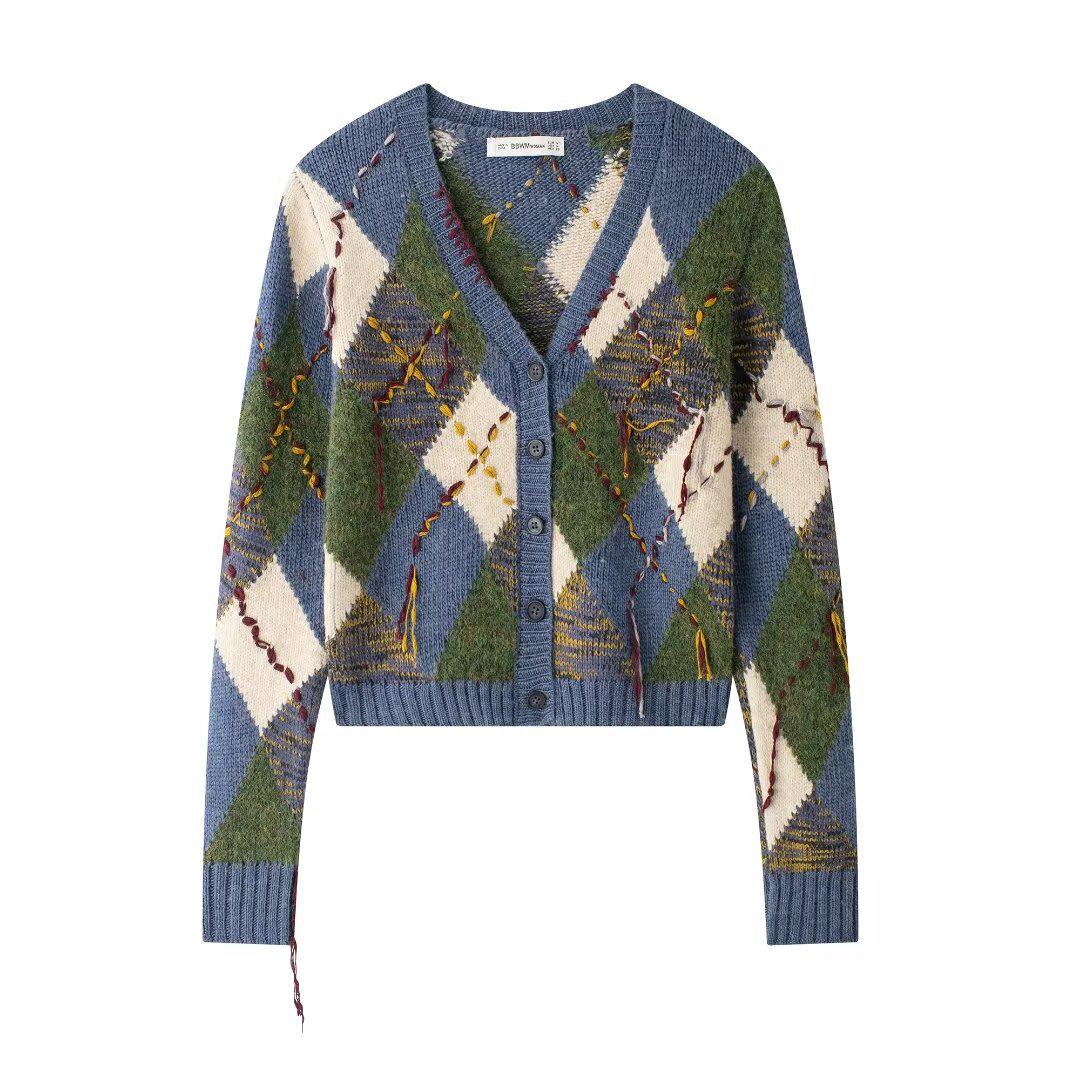 

Женский вязаный кардиган с ромбами в европейском и американском стиле, осень 2024 Large