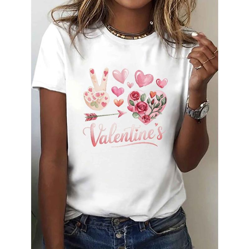 

European Size Women s Valentine s Day Watercolor T-Shirt - Black Crew Neck Short Sleeve Top with Peace Sign, Heart S белый