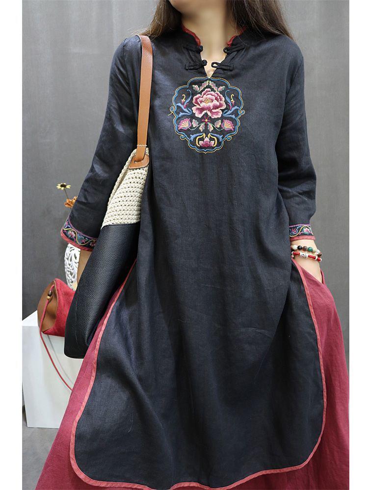 "Embroidered Cotton-Linen Cheongsam Summer Dress"