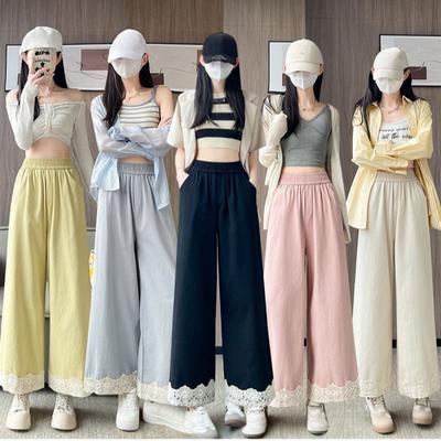 Calças de Renda com Renda Costurada Femininas Primavera Verão Cintura Alta Perna Larga Soltas Skinny Casuais Estilosas Retas
