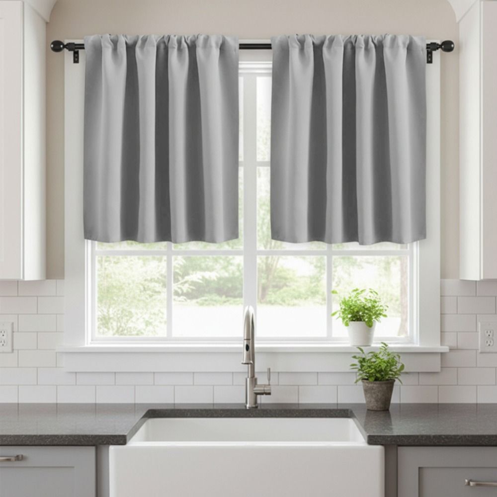 2PCS Solid Color Kitchen Short Curtain Through-rod Design Cabinet Curtain Fireplace
