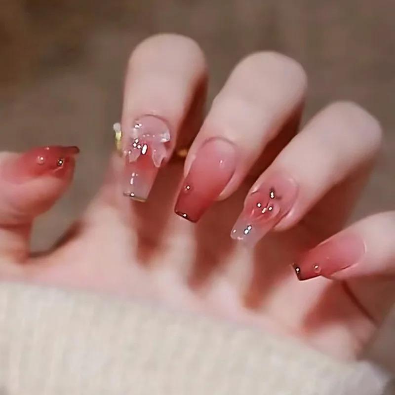 24PCS-Gradient Color Manicure Peach Design Oxed Love Peach Bow Color Changing with the Sun light 3D Wearing Nail