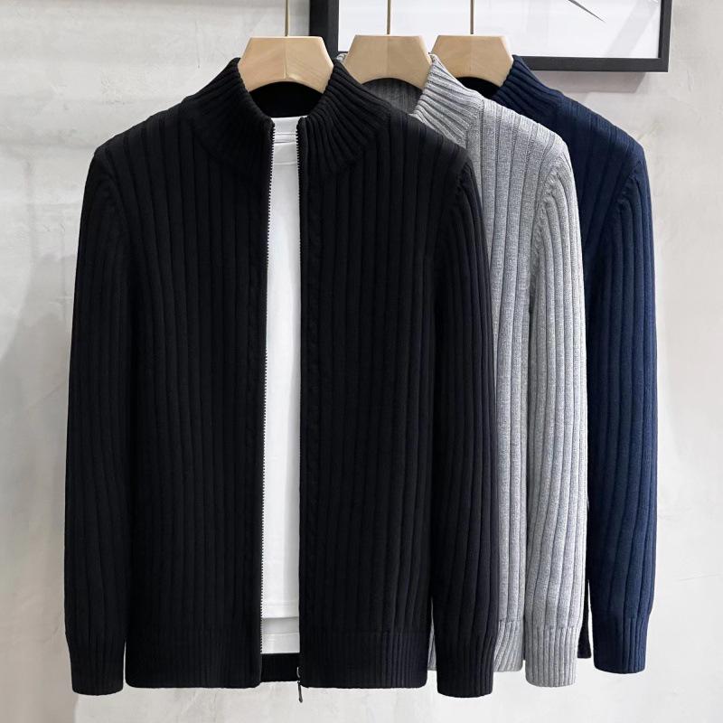 American Autumn/Winter Solid Color Zippered Knit Cardigan: Trendy Korean-Style Men's Outerwear