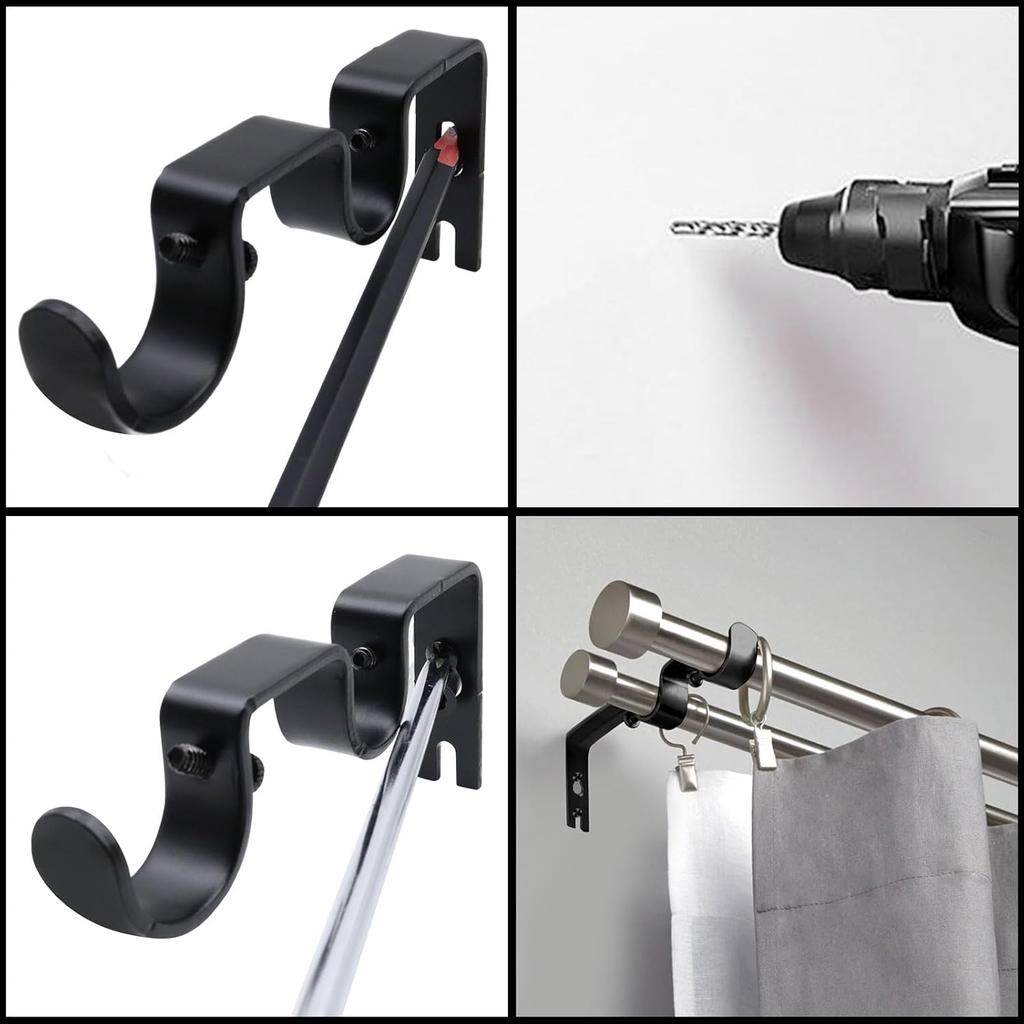 Double Curtain Rod Bracket 2 Pack Metal Curtain Rod Hooks for Wall,Sturdy Curtain Rod Bracket with Screws,Black Wall Mounted Curtain Rod Holders for