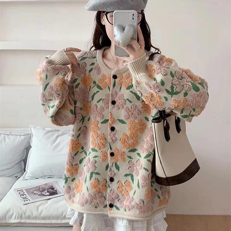 Autumn and Winter Women's Clothing Flower Jacquard Knitted Cardigan Women's Korean Version Lazy Loose Large Size Sweater Jacket