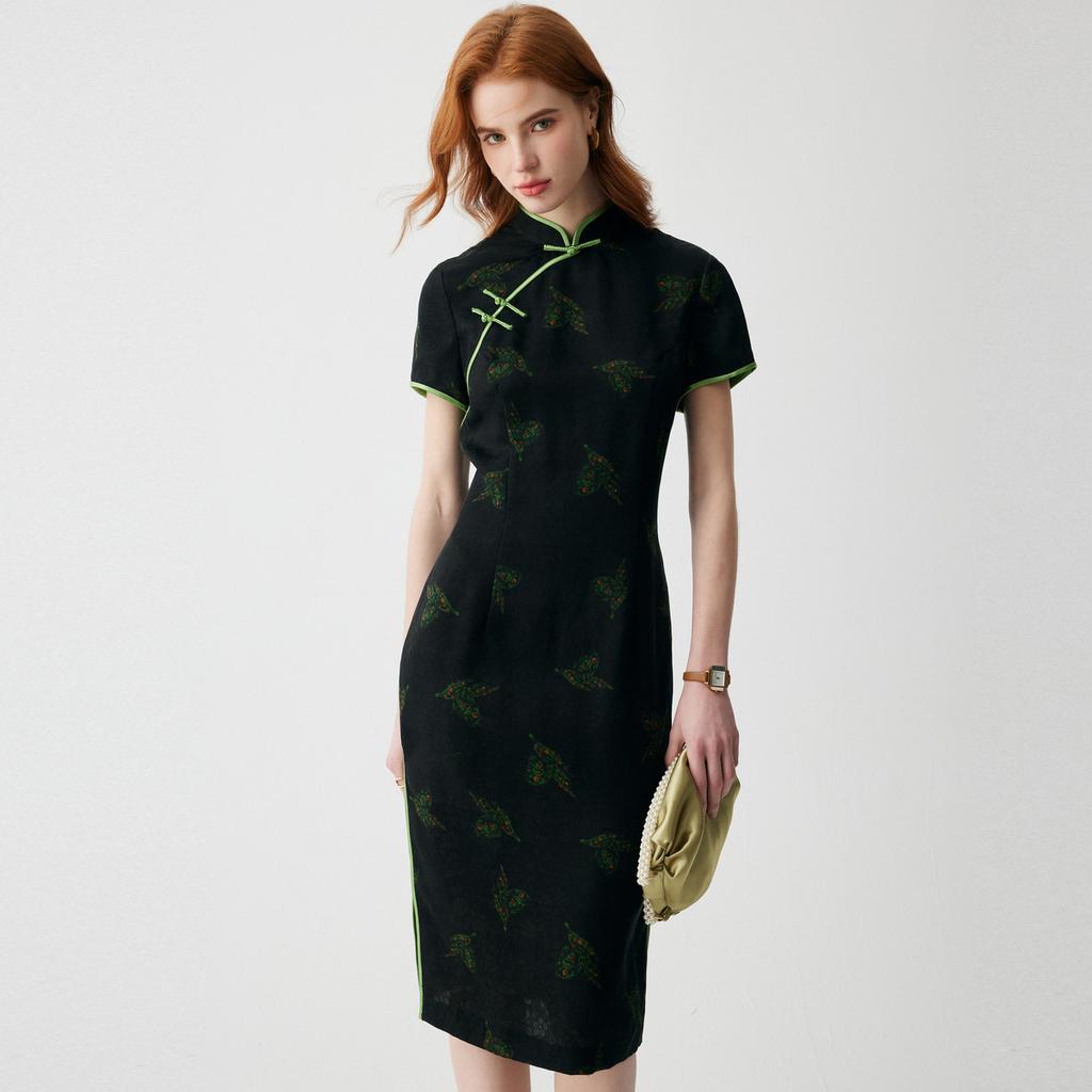 [New Chinese Qipao] 100% Mulberry Silk Summer Small Stand Collar Reduced Age Printed Fragrant Cloud Yarn Dress