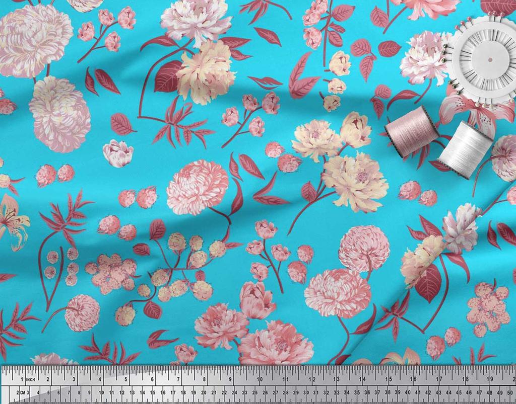 Soimoi Japan Crepe Satin Fabric Leaves,Peony & Dahlia Flower Printed Fabric 1 Metre 42 Inch