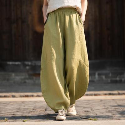 Women's Fried Color Distressed Linen Meditation Pants - Loose, Long, Casual Lantern Style for Zen & Tai Chi.