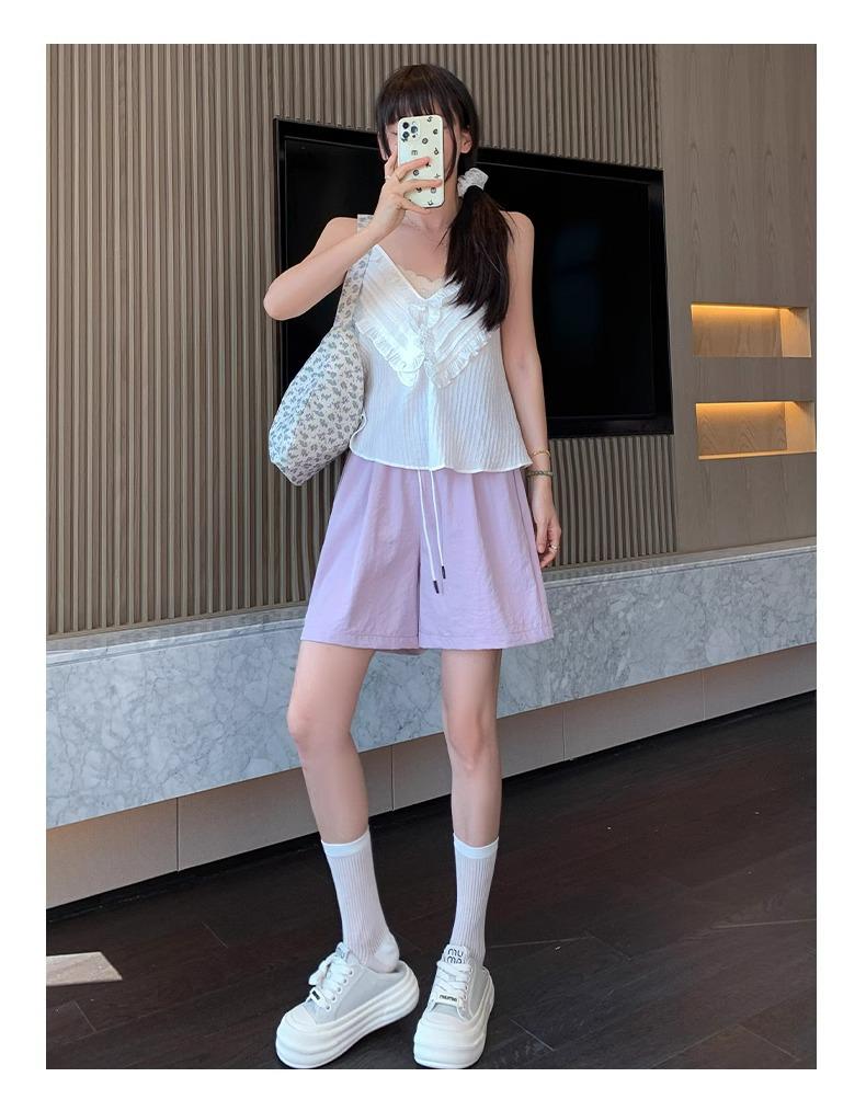 

Женские летние спортивные шорты с завышенной талией, утягивающие, синие - широкие штанины, средней длины, стиль Ямамото L (suggested 53-58kg) фиолетовый