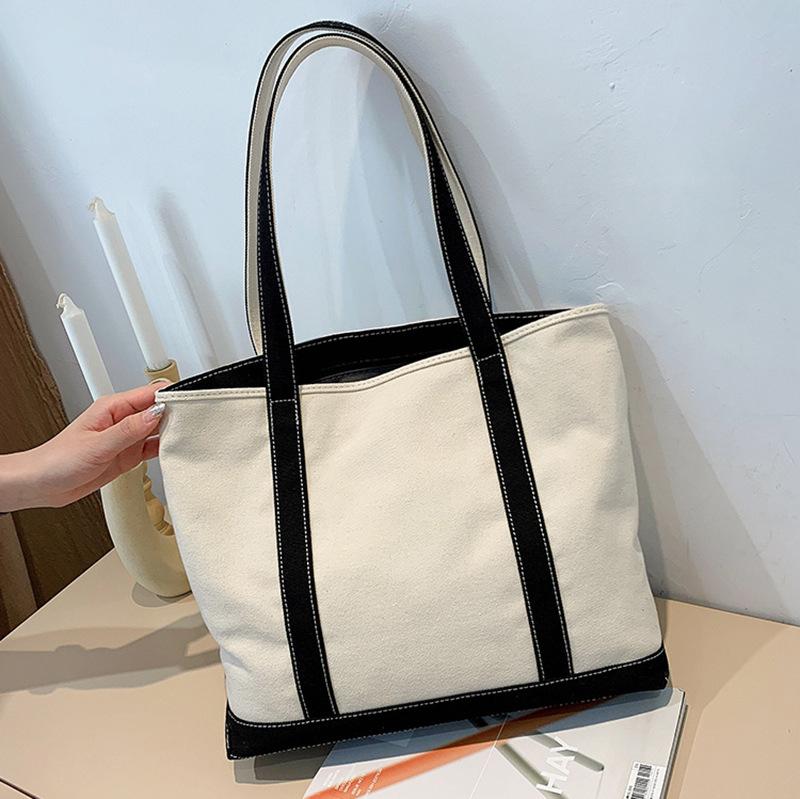 Simple contrasting color canvas bag ins Japan and South Korea new commuter versatile personality large capacity casual shoulder tote bag