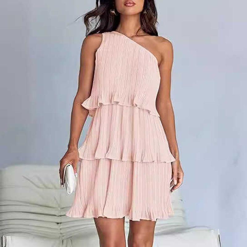 

Single Shoulder Bridesmaid Dress Single Sloping Shoulder Sleeveless Short dress Simple Bridesmaid Dress Pink XL