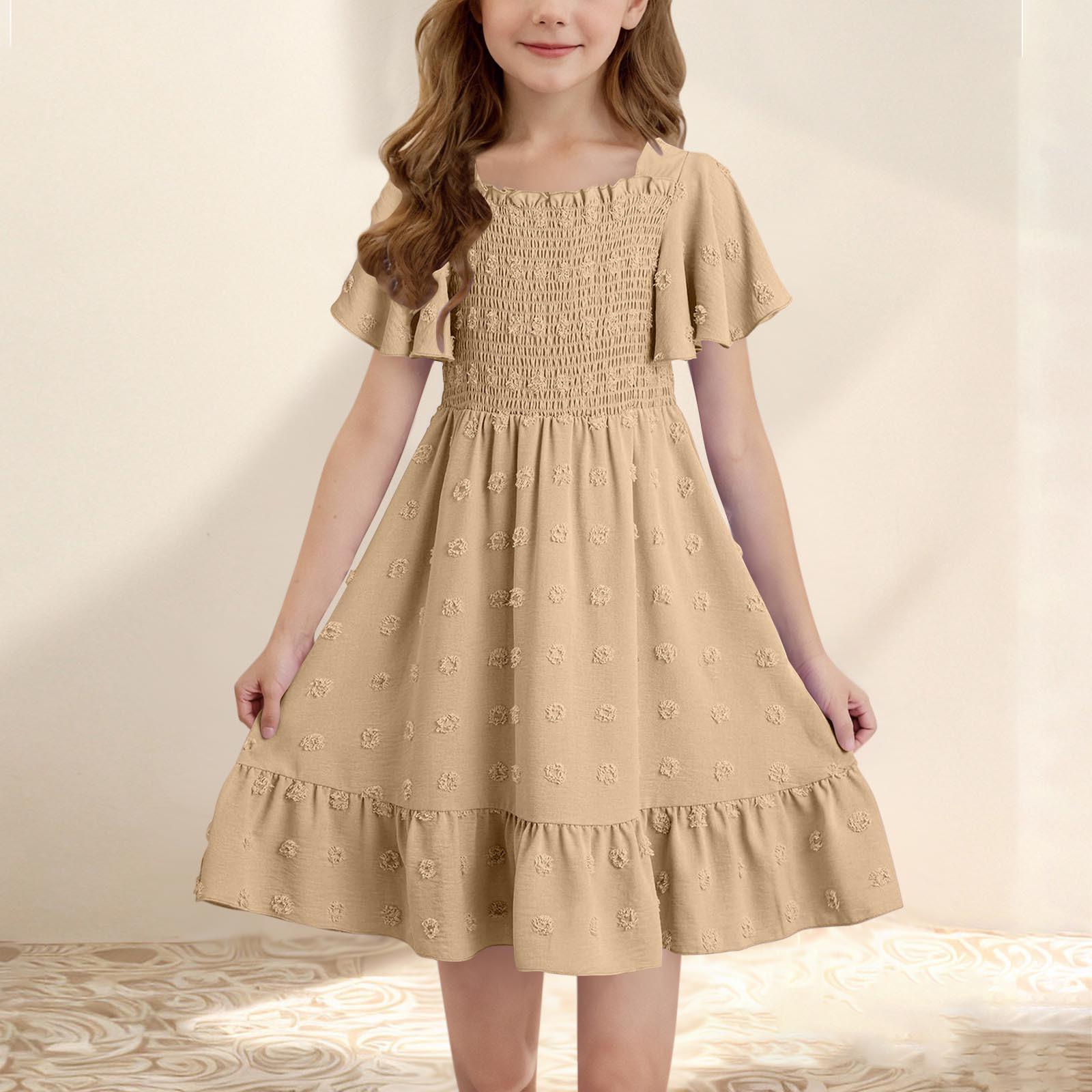 

Girls Square Neck Ruffle Dress - Short Backless Summer Frocks 170 хаки