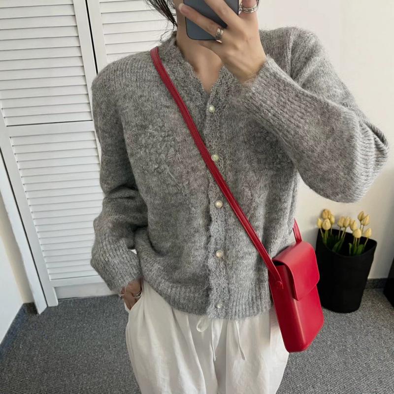 Sweet Lace V-Neck Women's Cardigan Sweater - 2026 Autumn/Winter Korean Style 3D Crochet Knit Outerwear