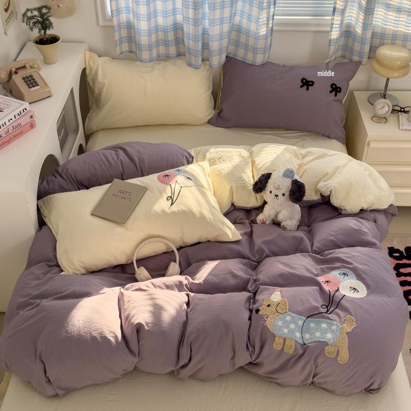 Cartoon Embroidered Cotton Terry Bedding Set - Skin-Friendly, Washable, 4-Piece Set with Bed Sheet and Duvet Cover (Student Size)