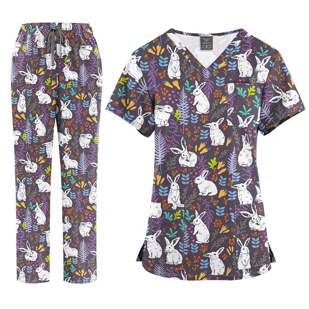 Flerfärgade Joggingdräkter Läkare Sjuksköterskeuniformer Kortärmade V-ringade Toppar Fickbyxor Sjuksköterskeskrubbar Set Medicinska Kliniska Kläder