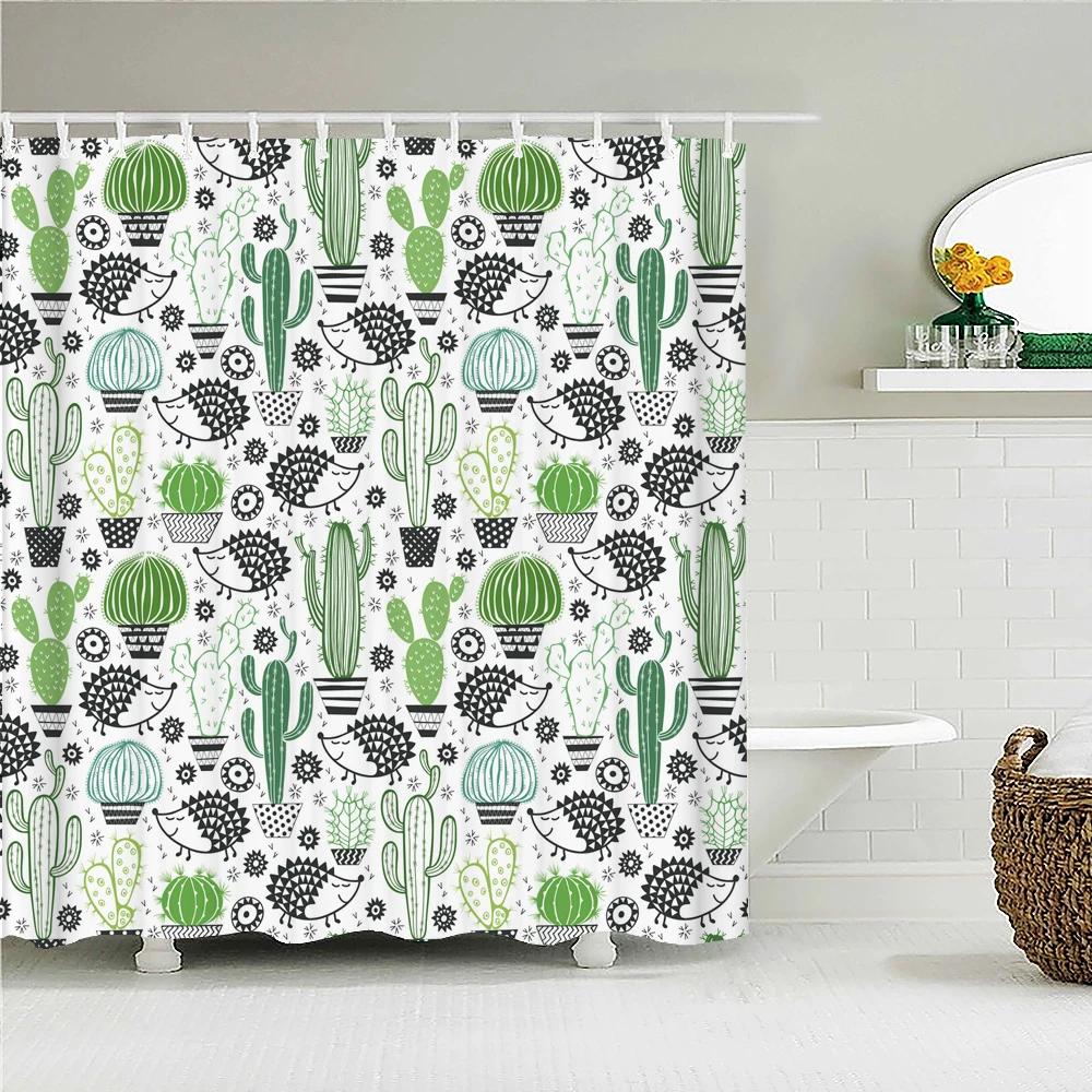 Cactus Pattern Bath Curtain Waterproof Fabric Shower Curtains Fresh Flower Plant Bathtub Screen For Bathroom Home Decoration
