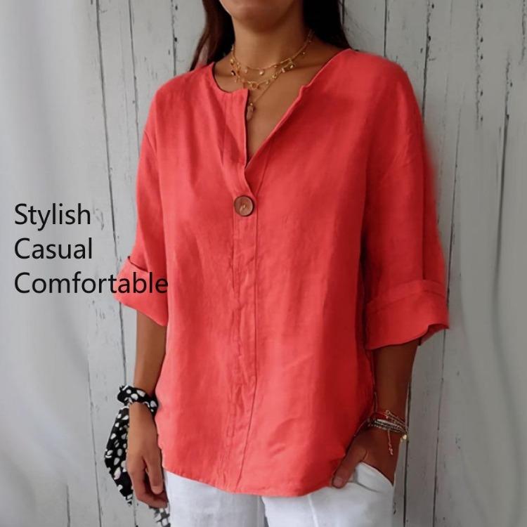 Bluse T-shirt da Donna in Cotone e Lino Larghe con Scollo a V e Bottoni Nuove Camicie Estive
