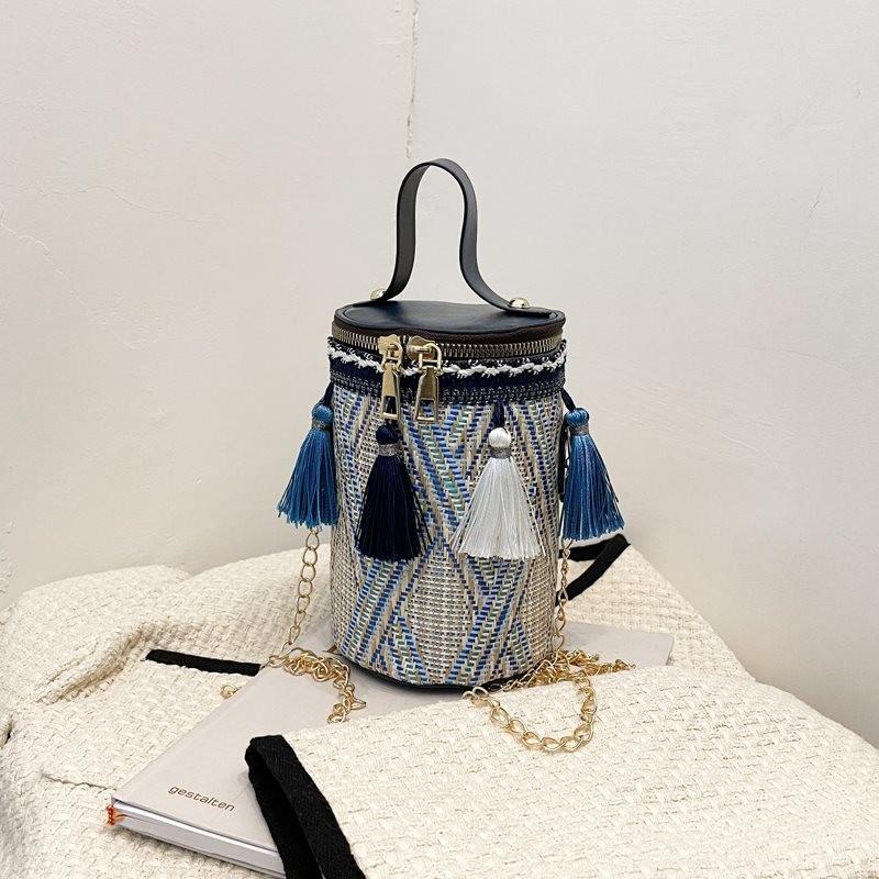 Stylish Round Box Bag For Women In Ethnic Design Soft Weave With Tassel Detail