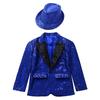 Boys Shiny Sequins Tuxedo Suit Long Sleeve Lapel Single Breasted Jacket Coat with Hat Dance Banquet Performance Costume