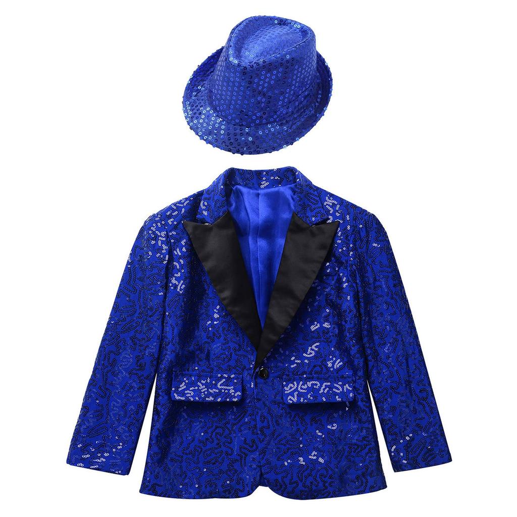 Boys Shiny Sequins Tuxedo Suit Long Sleeve Lapel Single Breasted Jacket Coat with Hat Dance Banquet Performance Costume