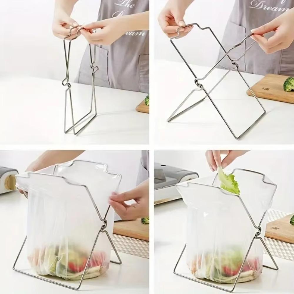Stainless Steel Garbage Storage Rack Foldable Plastic Bag Shelf Rag Rack Stand  Trash Can