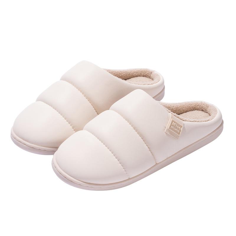 New high-end PU leather simple slippers autumn and winter indoor couple household velvet warm non-slip cotton slippers