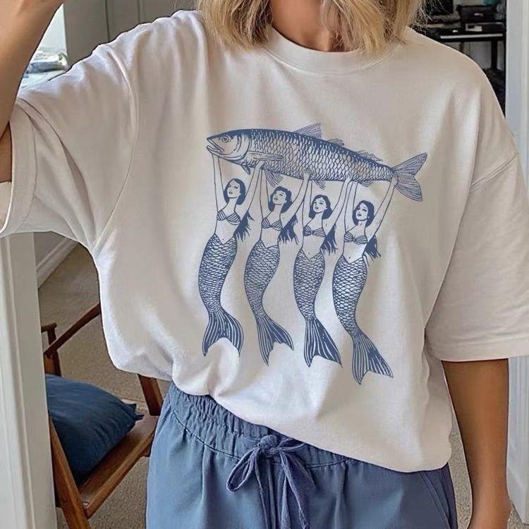 

Retro Vintage Fun Graphic Tops Marine Animal Mermaid Print T Shirt Beach Loose Cotton Women Tshirt Short Sleeve Female Clothing S
