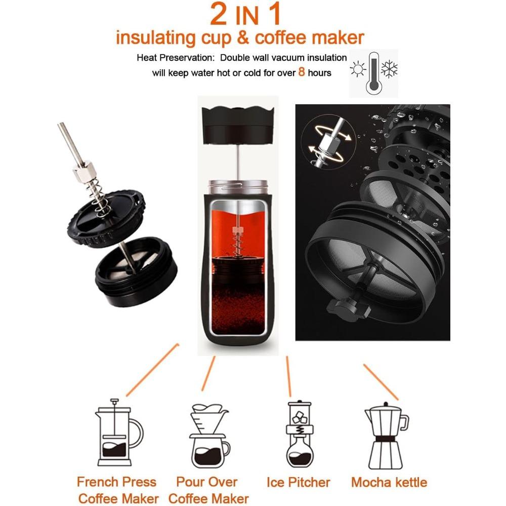 Przenośny ekspres do kawy French Press na podróż, izolowany próżniowo ekspres do kawy i filiżanka do herbaty, mini kubek próżniowy, kubek do kawy z filtrem