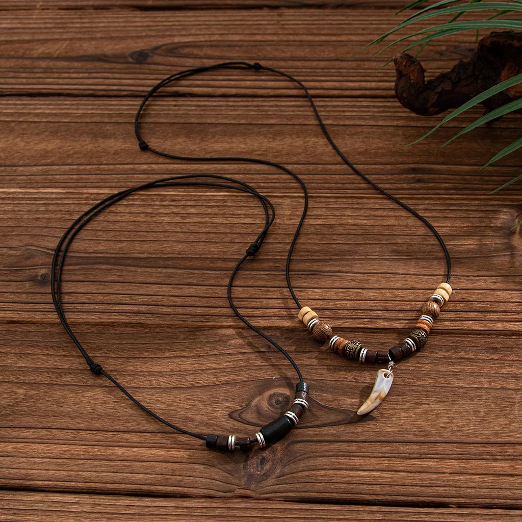 New 2Pcs/Set Ethnic Adjustable Wax Thread Rope Chain Necklace Men Trend Vintage Wolf Tooth Pendant Choker Male Neck Jewelry