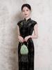 Elegant Women's Black Velvet Short-Sleeve Qipao - Youthful Autumn 2025 Style