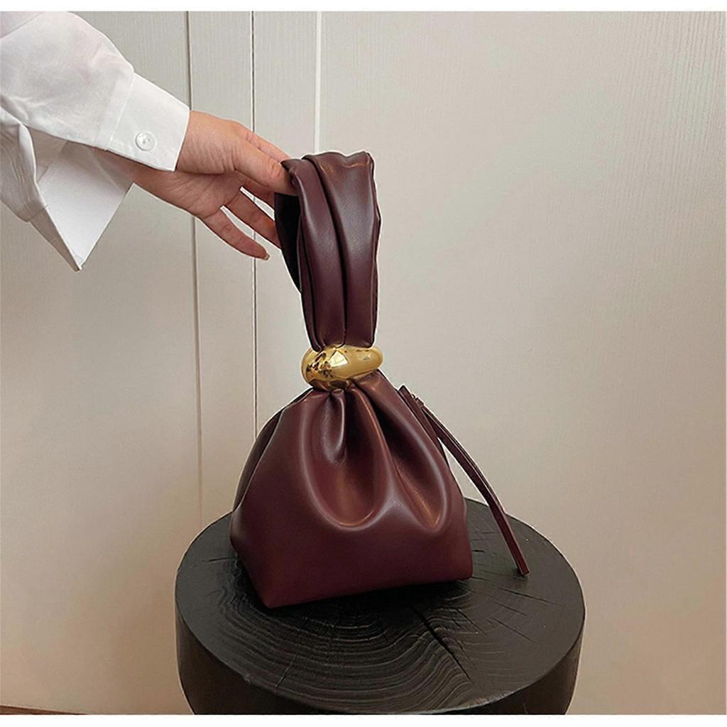 Retro Inspired Women's Handbag With Wristlet Sleeve Practical PU Bucket Bag Evening Purse for Cocktail Party Burgundy