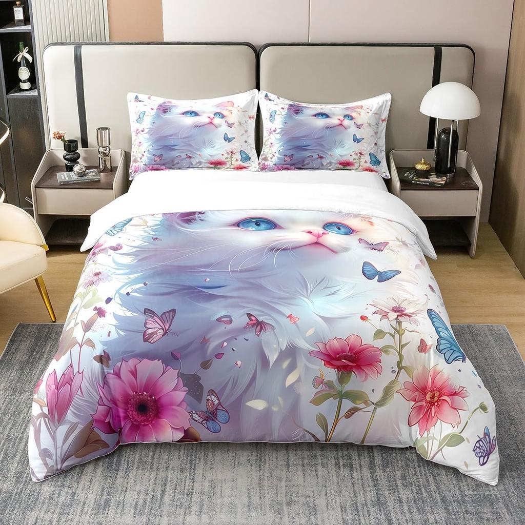 Cat And Butterfly Duvet Cover Sets Lightweight Quilt Cover With 2 Pillowcases Colorful Butterfly Animal Pet Theme Bedding Sets