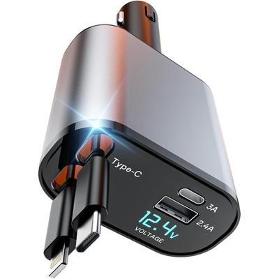 4-in-1 Retractable Car Charger, 100W Fast Charging, Dual Cables, Voltage Display, for iPhone 15/14/Samsung