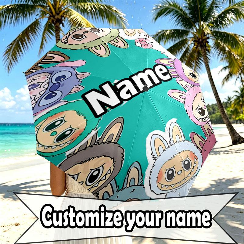 Custom Name Personalized Labubu Print Umbrella, Auto Open Close, 8‑Rib Sturdy Frame, Commute Camping Hiking Use, Birthday Gift