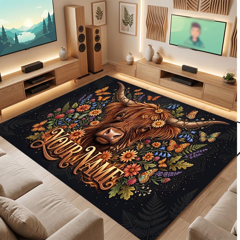 Highland Cow Theme Soft Crystal Velvet Rug Custom Name & Text Print Non Slip Floor Rug for Bedroom Living Room