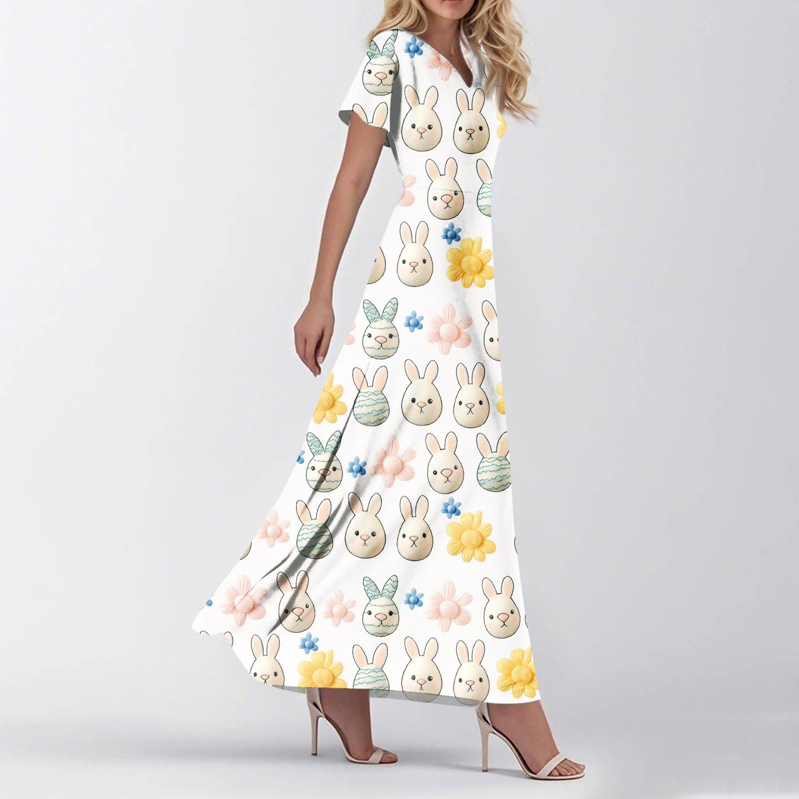 Women s Loose Casual V-Neck Short Sleeved High Waisted Floral Print Dress Floral Print Dress L бежевый