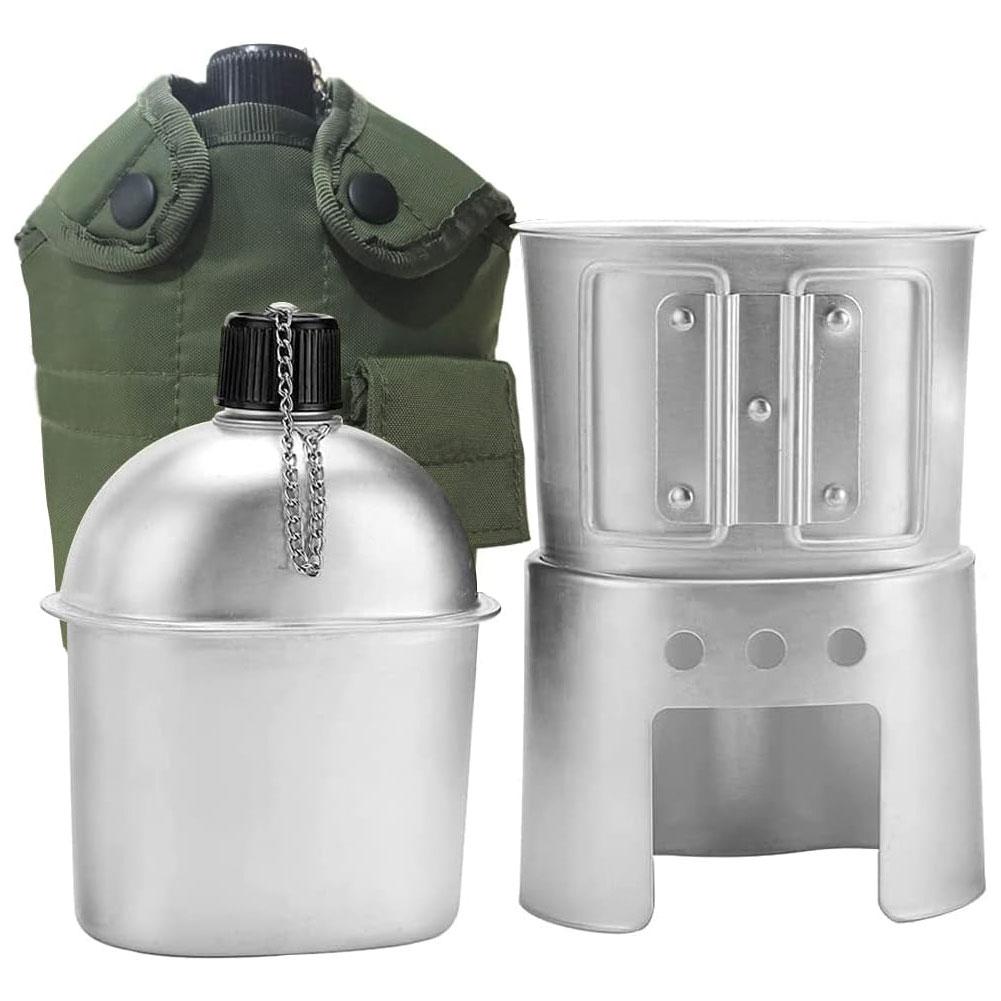 Outdoor Military Canteen Cookware Set Aluminum Alloy Canteen Multi-Functional Water Bottle with Grab Handled Cup Green Canvas