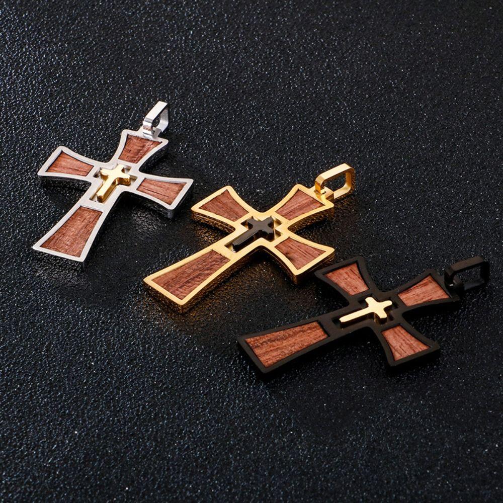 Wood Inlay Crucifix Pendant Titanium Steel Catholic Necklaces Pendant  Spiritual Meditation