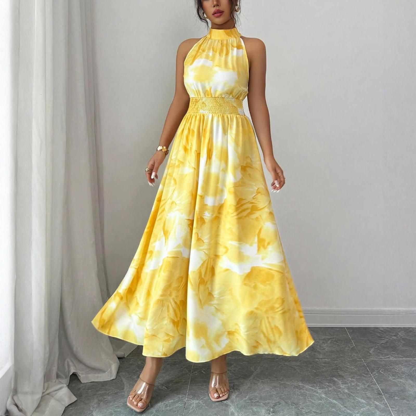 

Women s Summer Fashion Floral Print Hanging Neck Waist Cinched Sleeveless Ruffle Edge Dress XL жёлтый