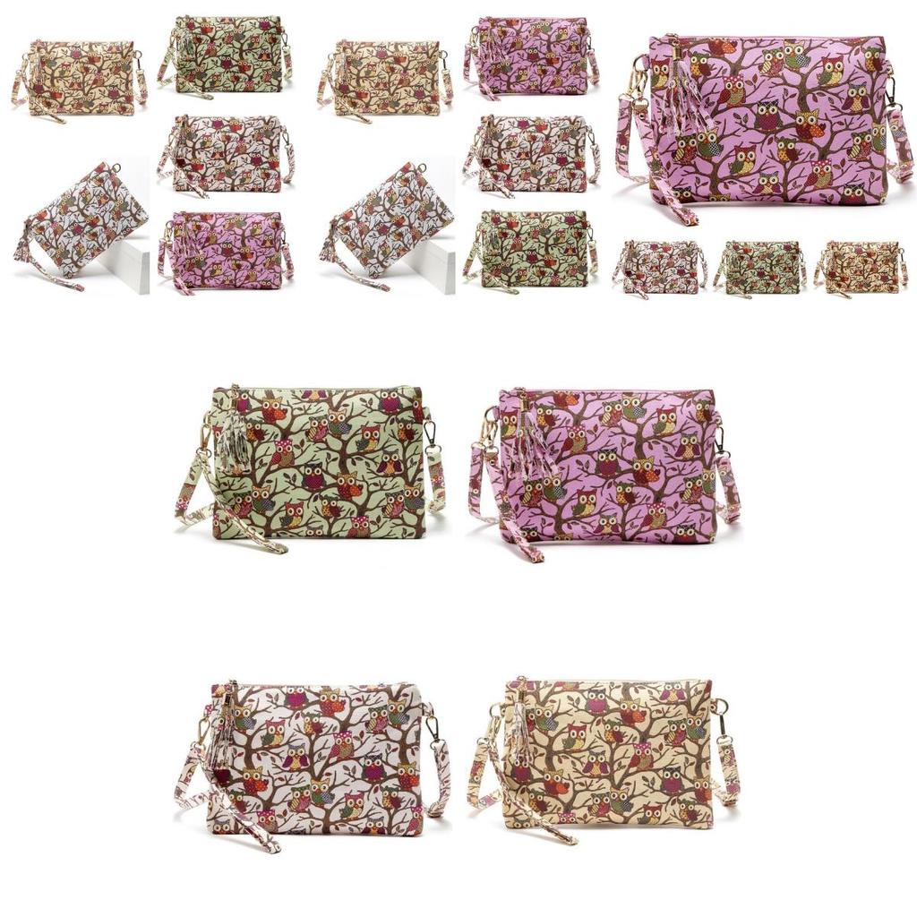Owl Print Canvas Tassel Crossbody Bag For Women With Zipper Closure**