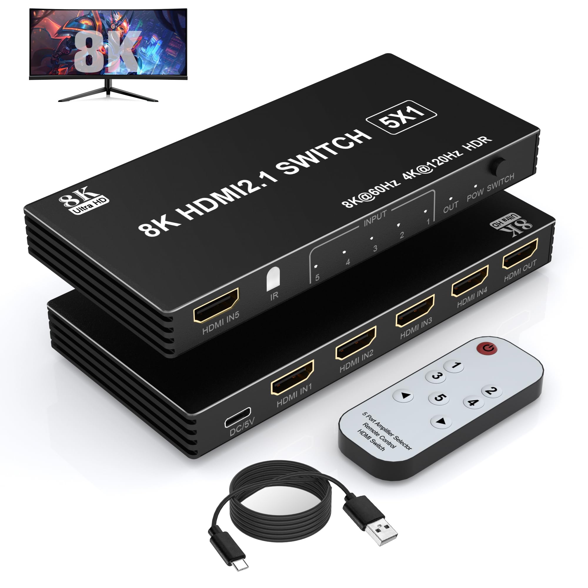 

8K-свитчер, 5 входов, 1 выход, селектор HDMI, HDMI-свитчер с дистанционным управлением, 48 Гбит/с HDCP для работы с HDMI2.1 8K при 60 Гц/4K при 120 Гц HDMI2.1 2.3 [Подтверждено