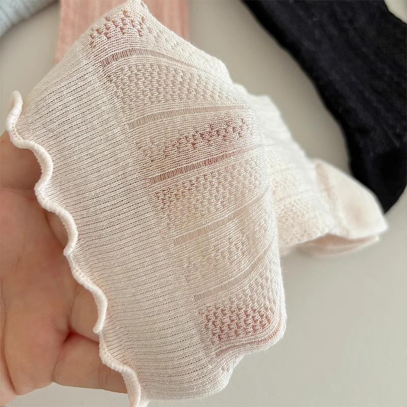 Women's White Mid-Calf Cotton Mesh Slouch Socks with Wood Ear Edge – Breathable, Thin, Summer Style