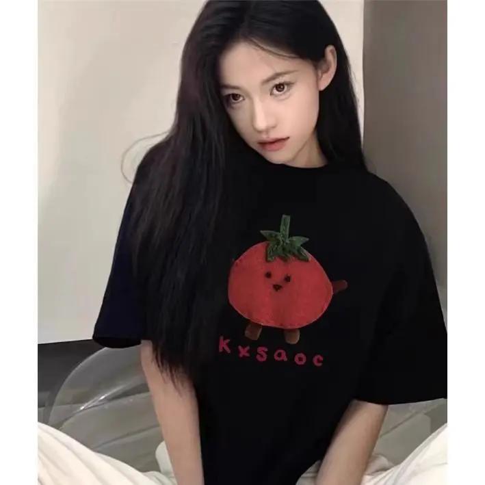 

Креативная футболка с короткими рукавами и принтом в виде помидора и букв в японском мультяшном стиле для женщин, универсальный топ с широким круглым вырезом, футболка Y2K 3XL