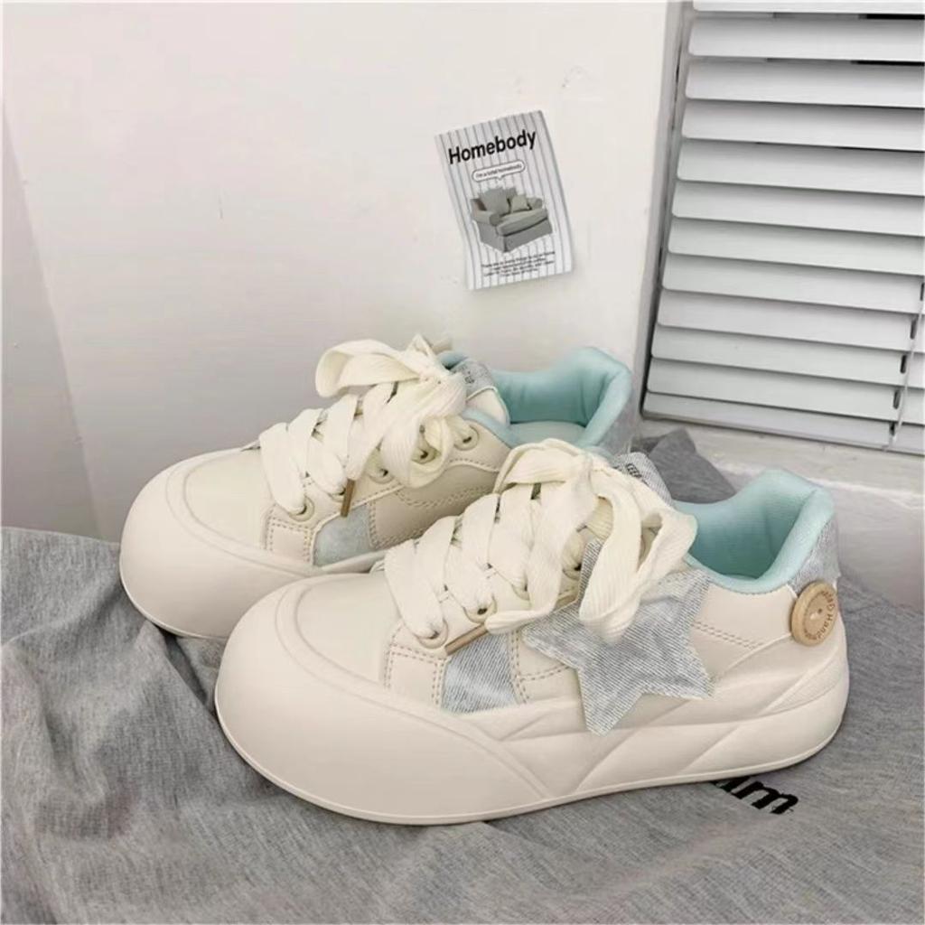 Round toe thick soled white shoes for women versatile in spring summer simple comfortable casual non slip shoes for daily wear