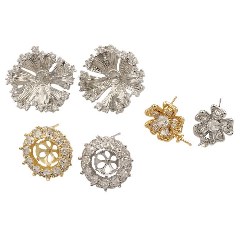 Copper-Plated Gold Diamond Floral Firework Irregular Round Half-Hole Ear Studs – High Luxury Design DIY Jewelry.