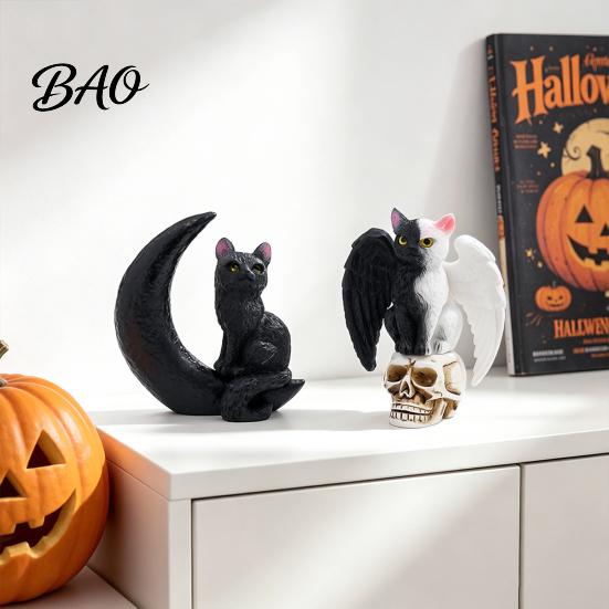Halloween Party Decoration Cat Figurine, Resin Witch Hat/Moon/Pumpkin/Skull Statue Durable for Tabletop, Mantel, Shelf, Desk Decor Smooth Surface