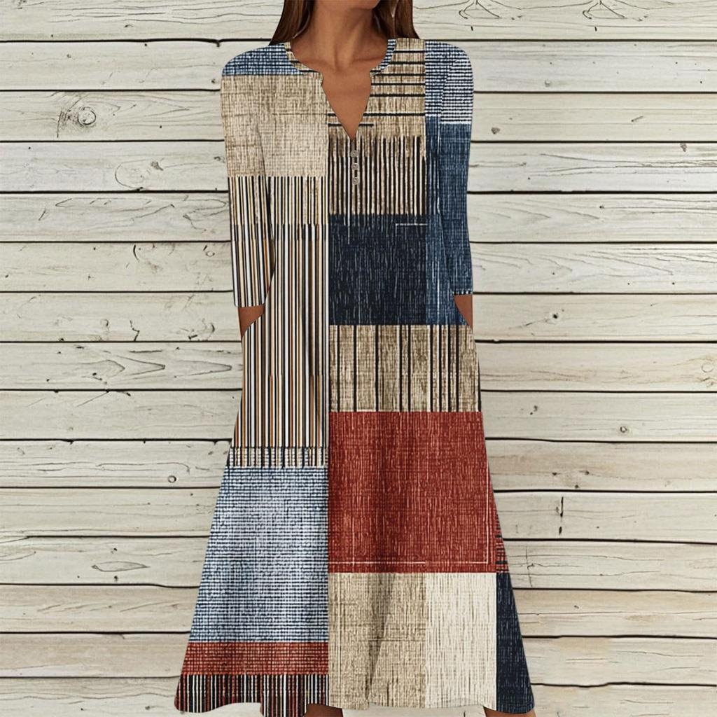 Women's Summer Casual V-Neck Button Vintage Floral Print Three-quarter Sleeve Long Dress With Pockets